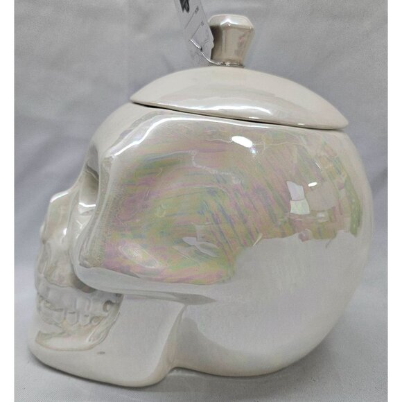 Halloween Decor Iridescent White Ceramic Skull Jar Canister With Lid - Picture 9 of 13